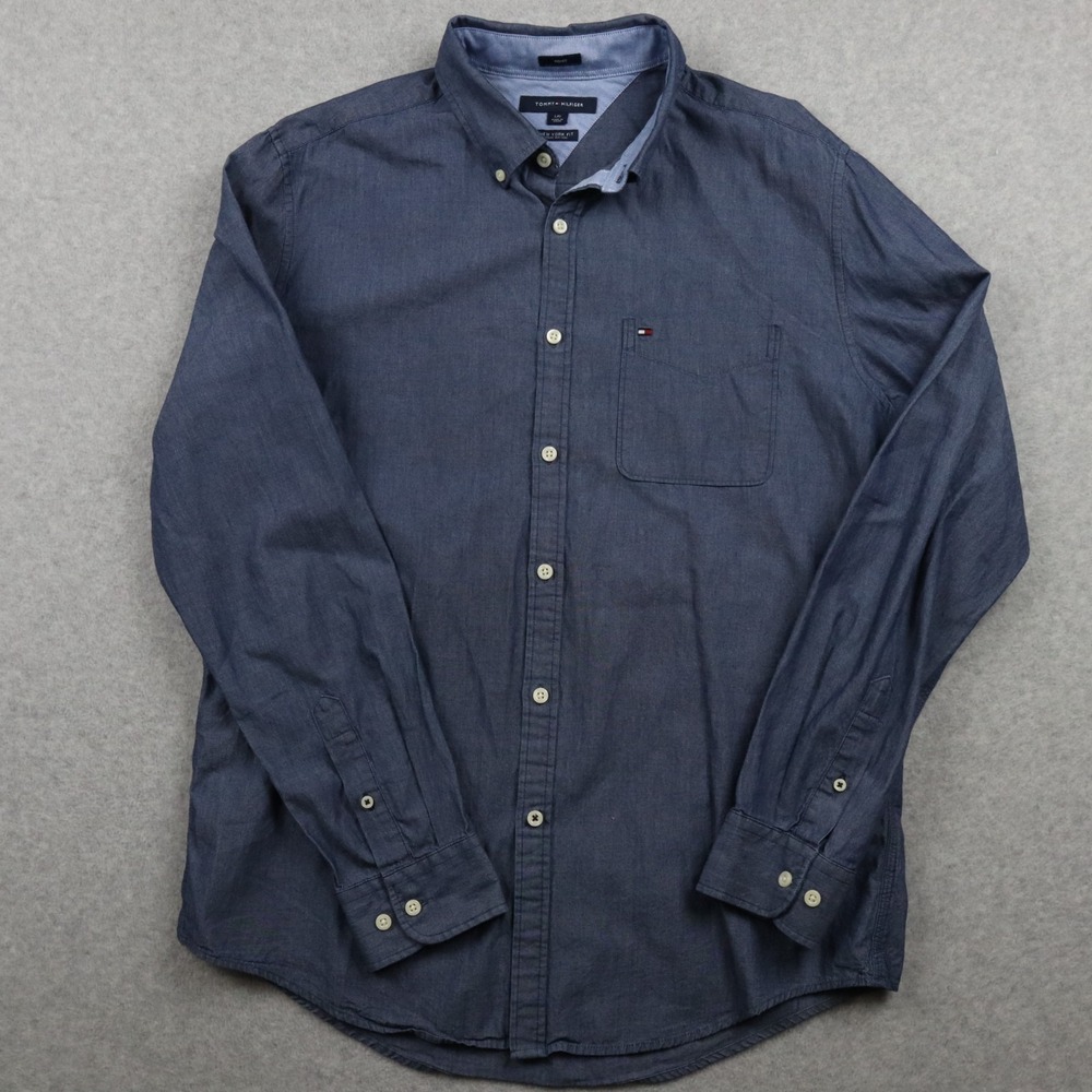 Tommy Hilfiger Shirt Mens Large New York Fit Pocket Button Up Blue Long Sleeve